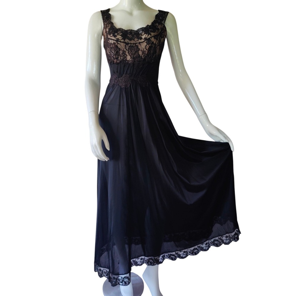 VTG 1950s Illusion Lace Floral Black Nightgown Negligee Old Hollywood Lingerie